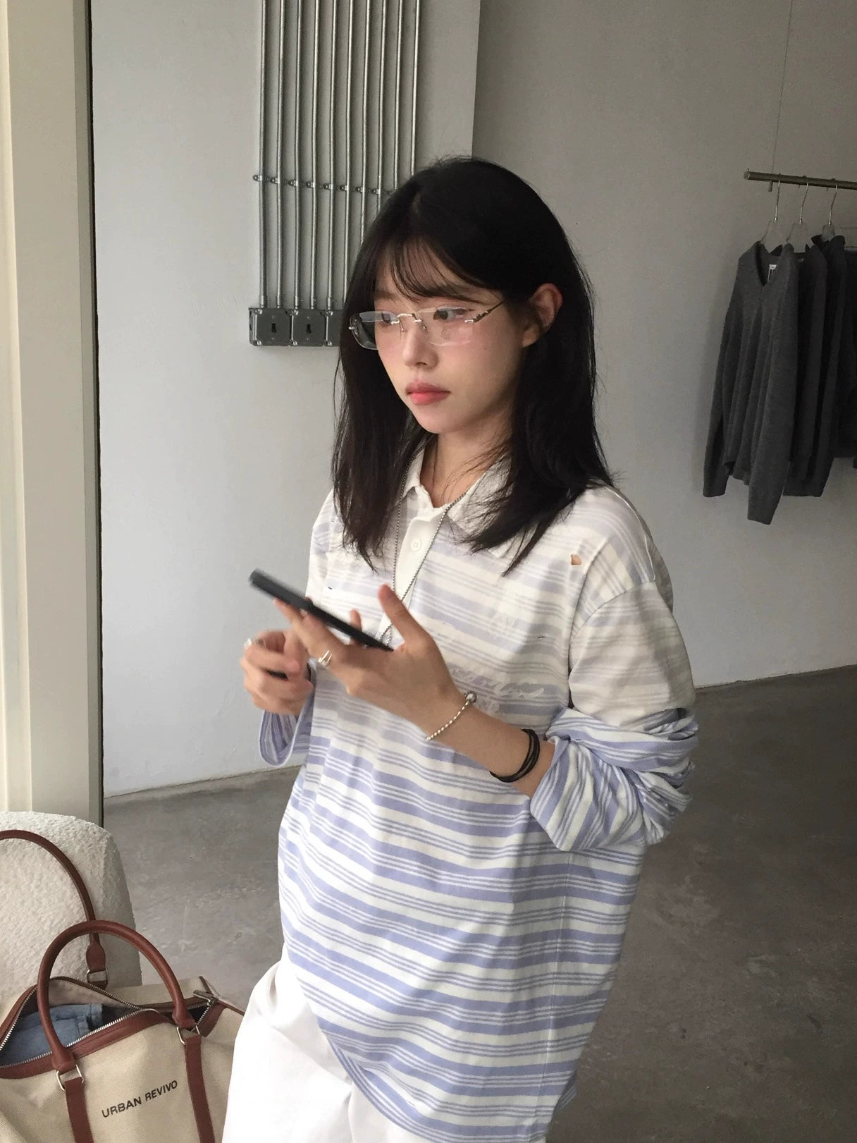 WASE Spray Dye Gradual Change Hole Print Polo Stripe Long Sleeve
