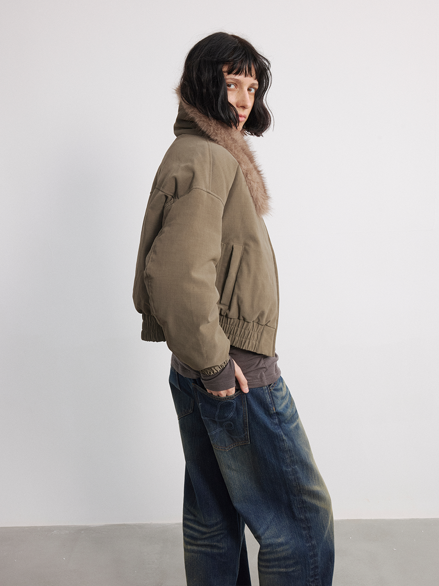 JCAESAR WOMEN Fur Collar Made Old Down Short Jacket