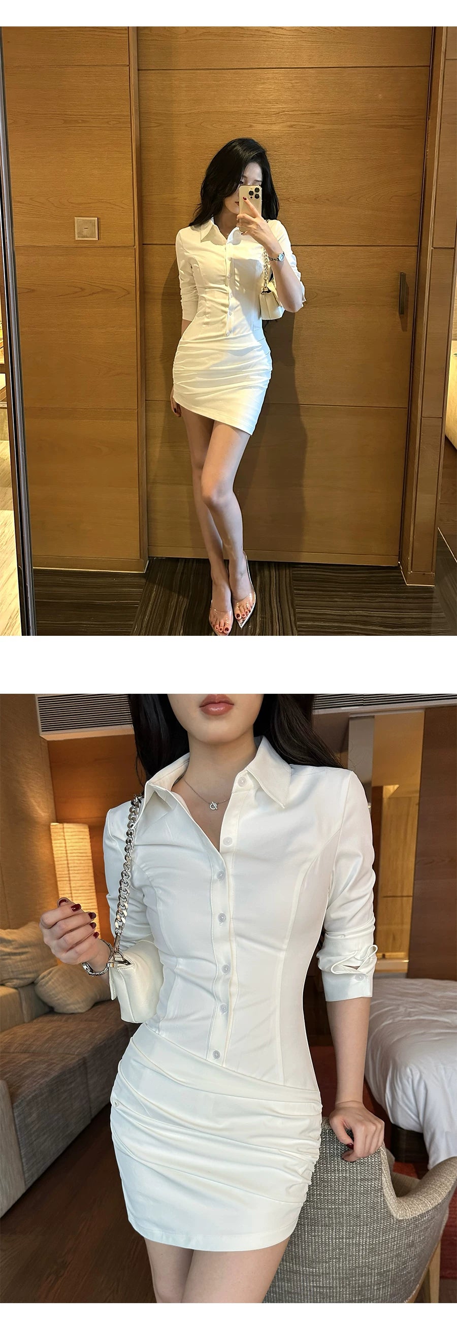 LLROGE Waist Pleated Shirt Dress