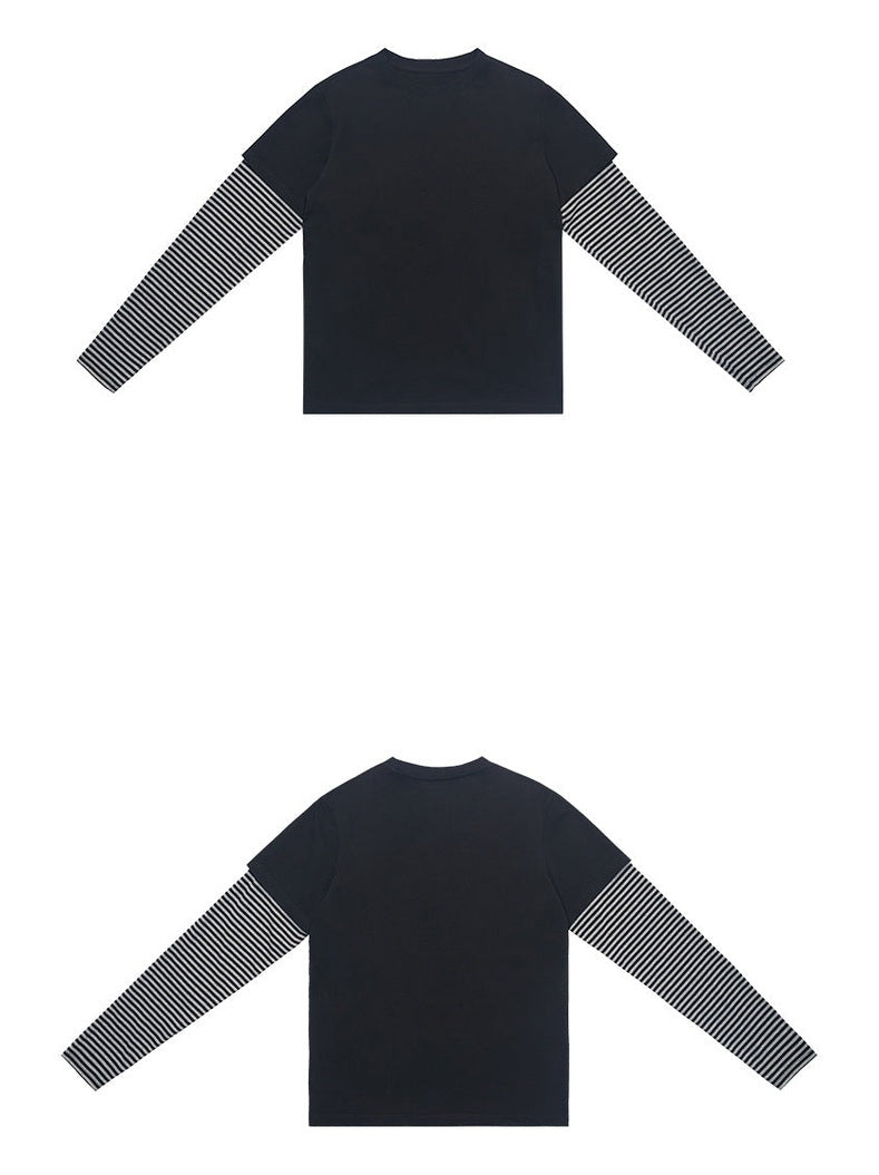 UNF Vintage Fake Two-Piece Striped Contrast Crew Neck Long Sleeve