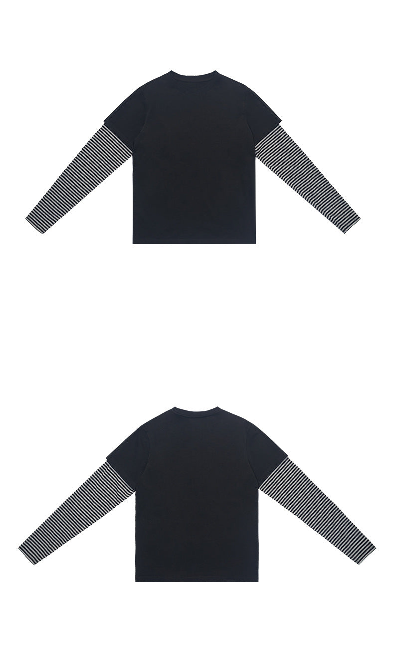 UNF Vintage Fake Two-Piece Striped Contrast Crew Neck Long Sleeve