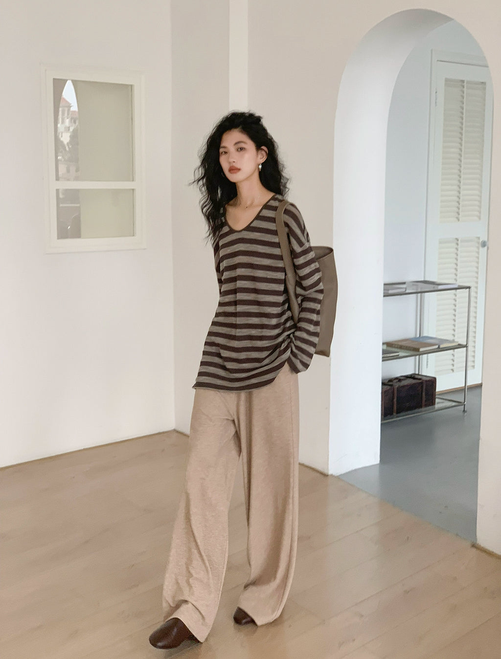 EM Vintage Striped V-Neck Loose Temperament Long Sleeve