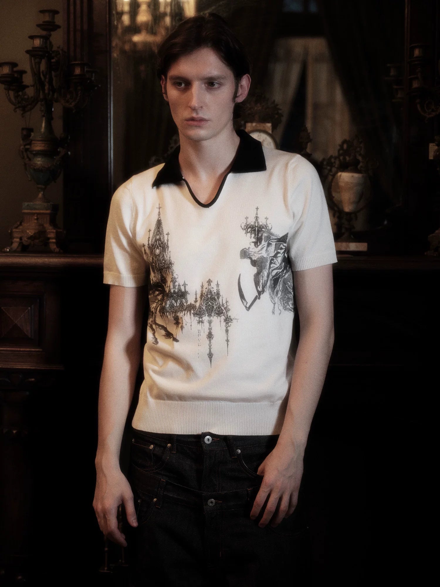 WANNA LAB Front Shoulder V-neck Polo Knitted Tee