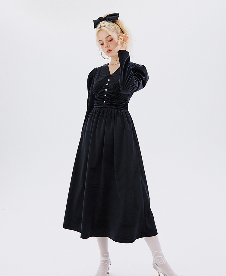 IMONE Vintage Velvet V-Neck Waist Long Sleeve Dress