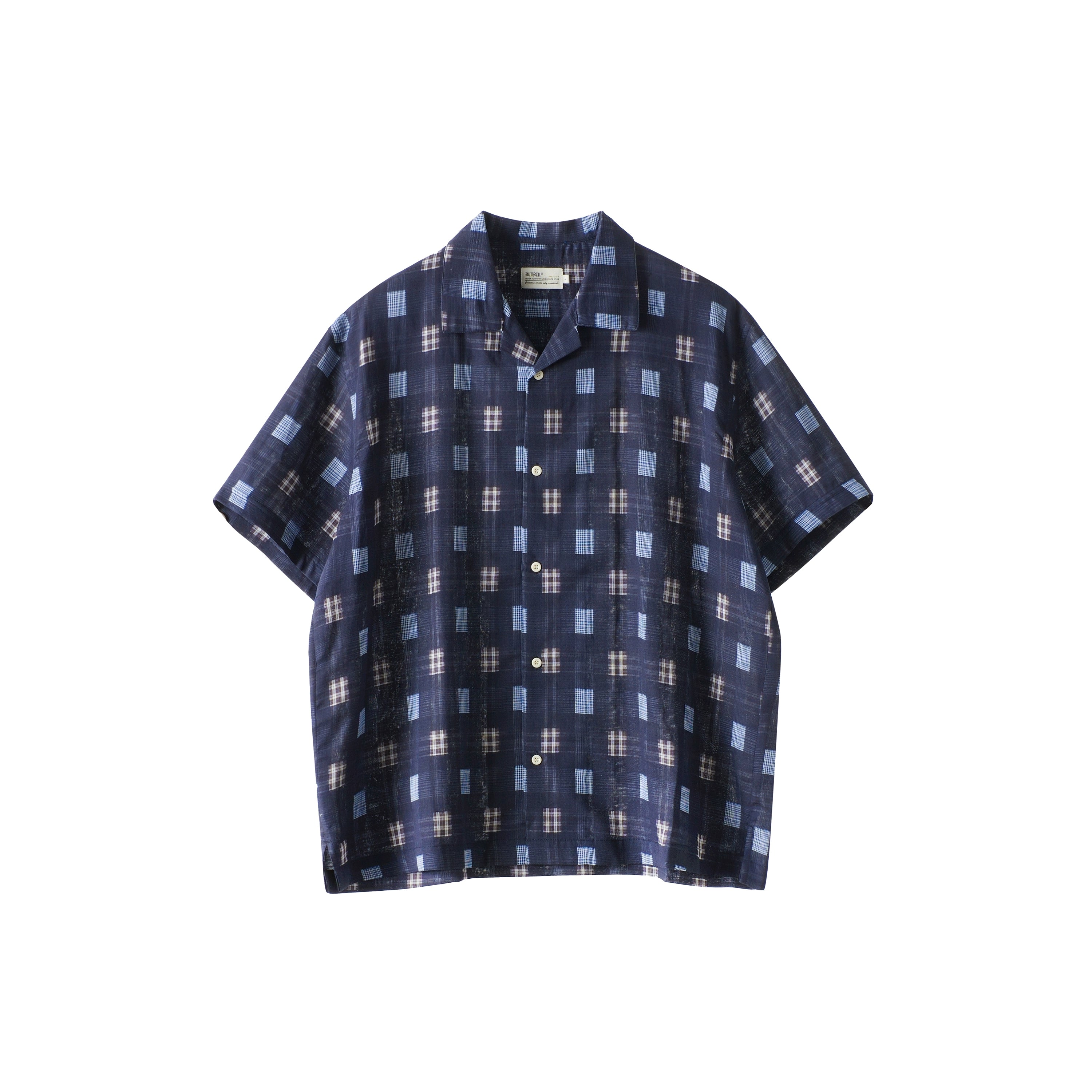 BUTTBILL 25SS Japanese vintage double-layer yarn plaid Cuban collar Short