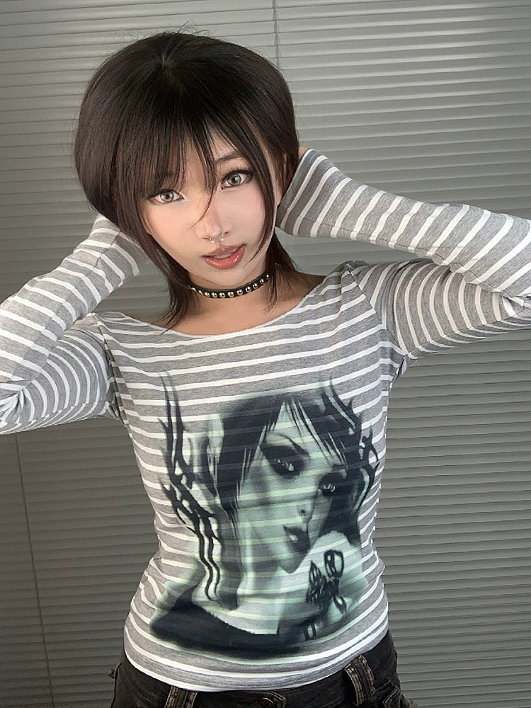 WEBBAR, Black and White Striped Slim Tee