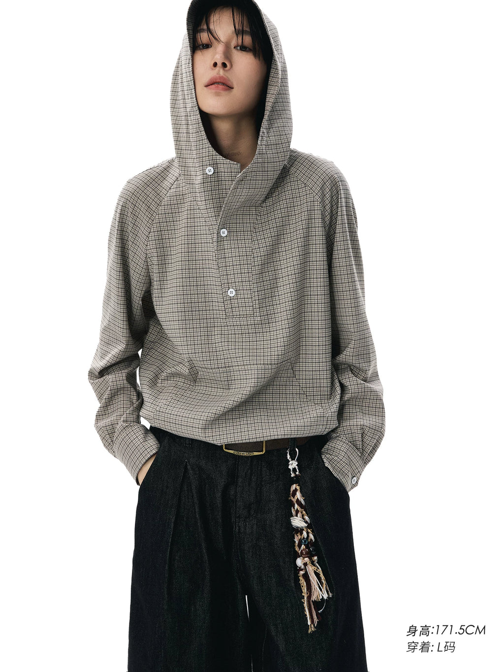 Sameuoo Hem Drawstring Hooded Plaid Long-sleeved Shirt