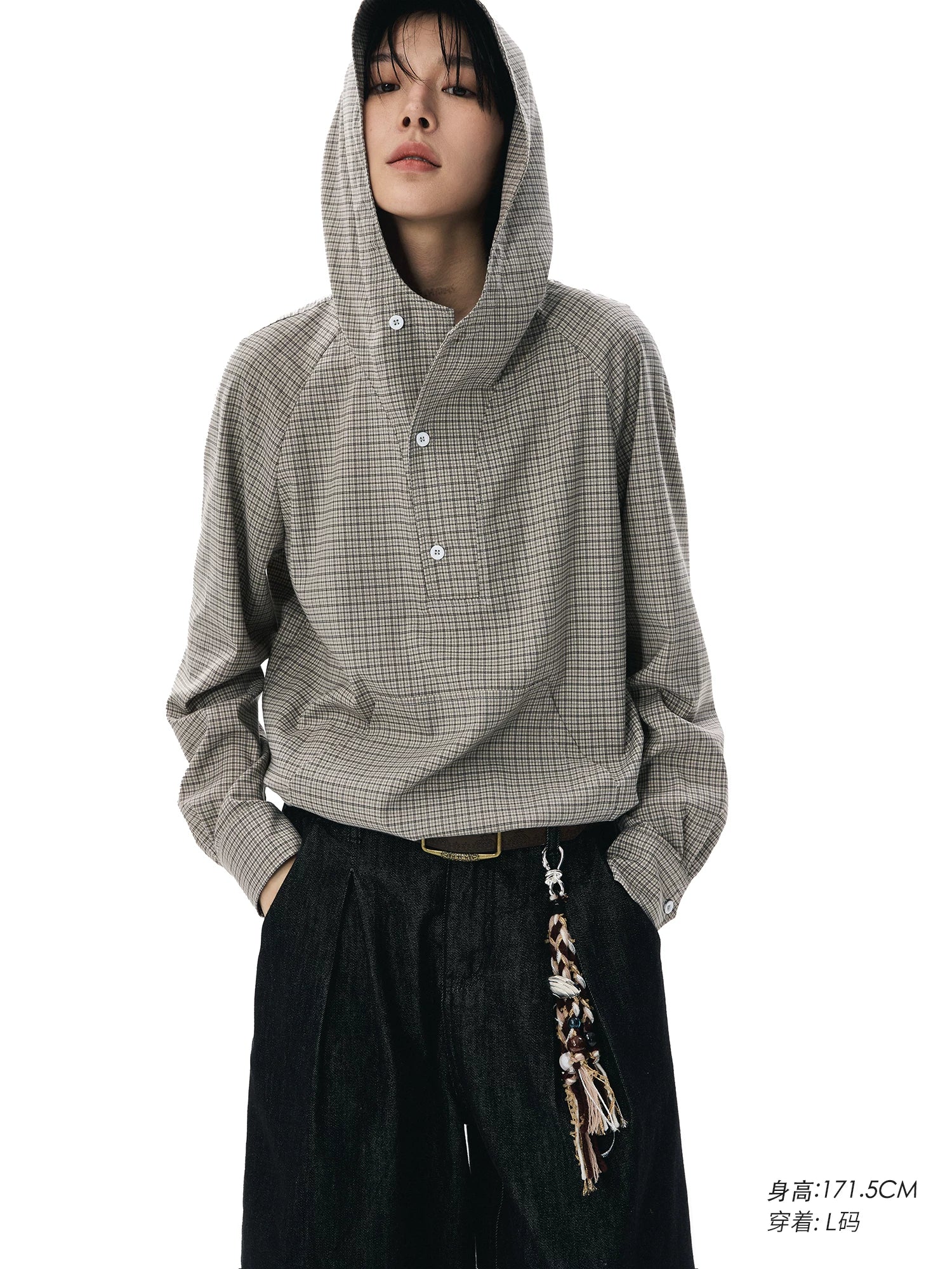 Sameuoo Hem Drawstring Hooded Plaid Long-sleeved Shirt