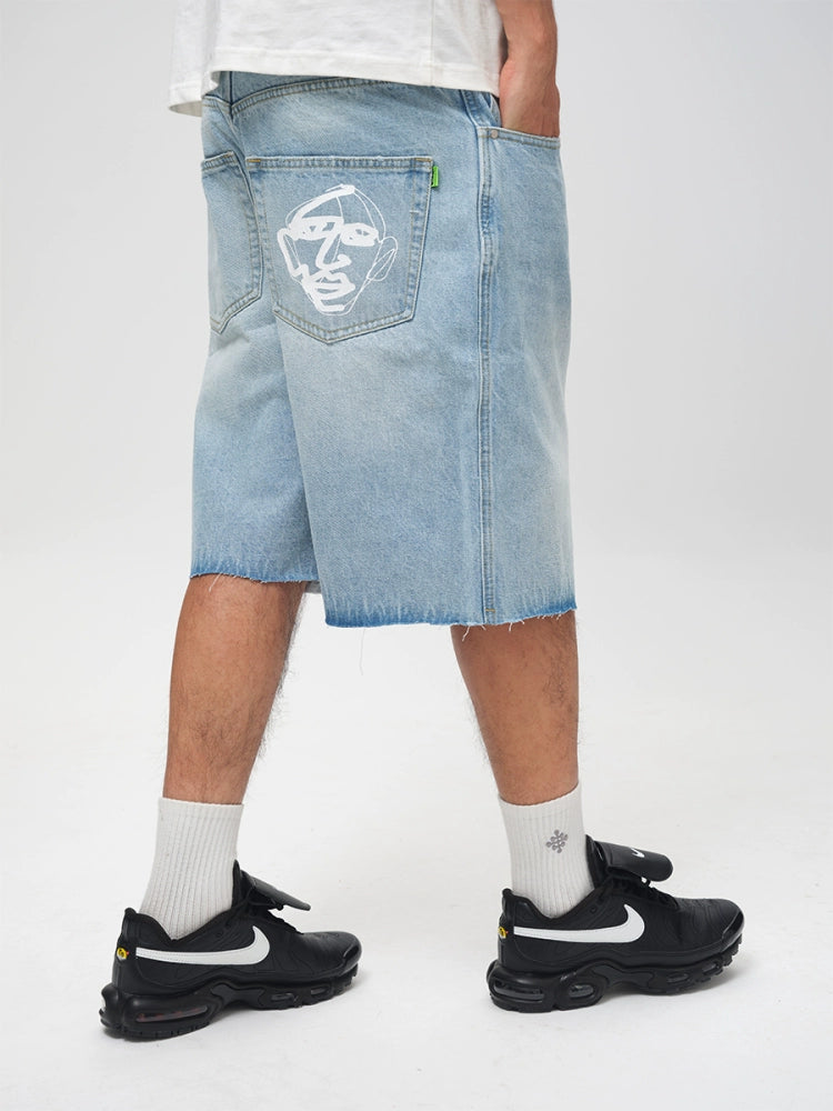 ComicTree Washed Graffiti Frayed Loose-edged Denim Shorts