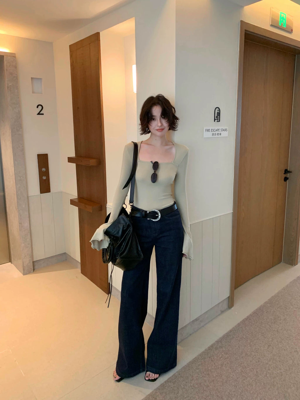 KELIFAN Retro Square Neck Slim Short Long Sleeves
