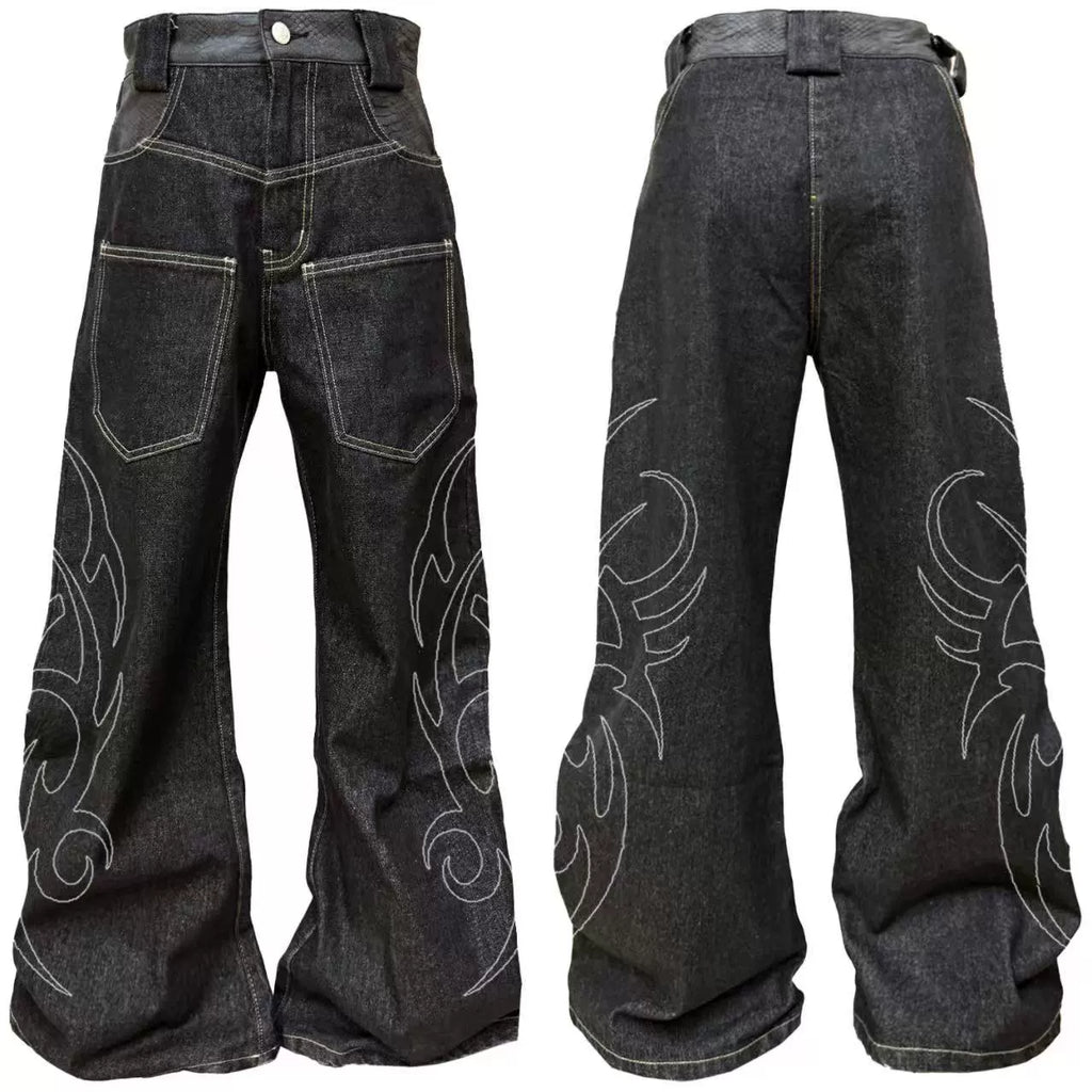 DETW 25ss * "Totem" original niche scimitar original cow snake pattern embroidery wide-footed commuter daily jeans