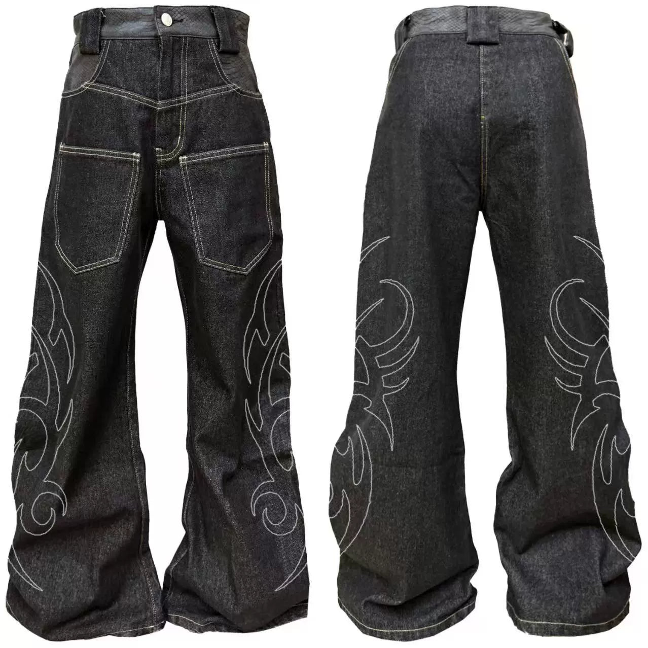 DETW 25ss * "Totem" original niche scimitar original cow snake pattern embroidery wide-footed commuter daily jeans