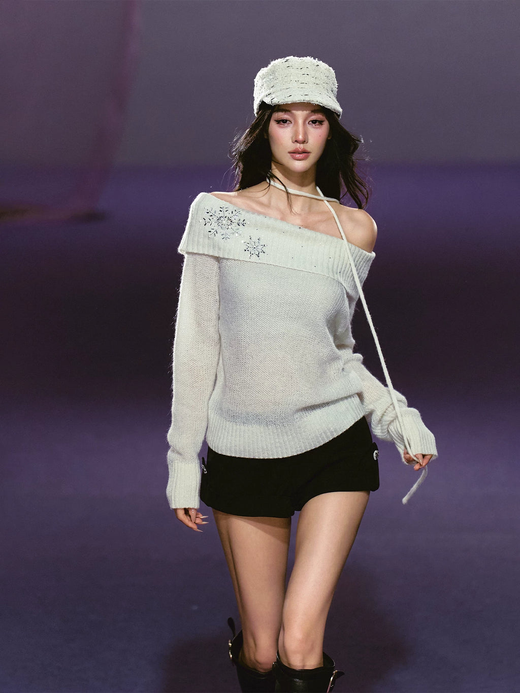 AGAM Hot Diamond Lazy Shoulder Knitted Sweater