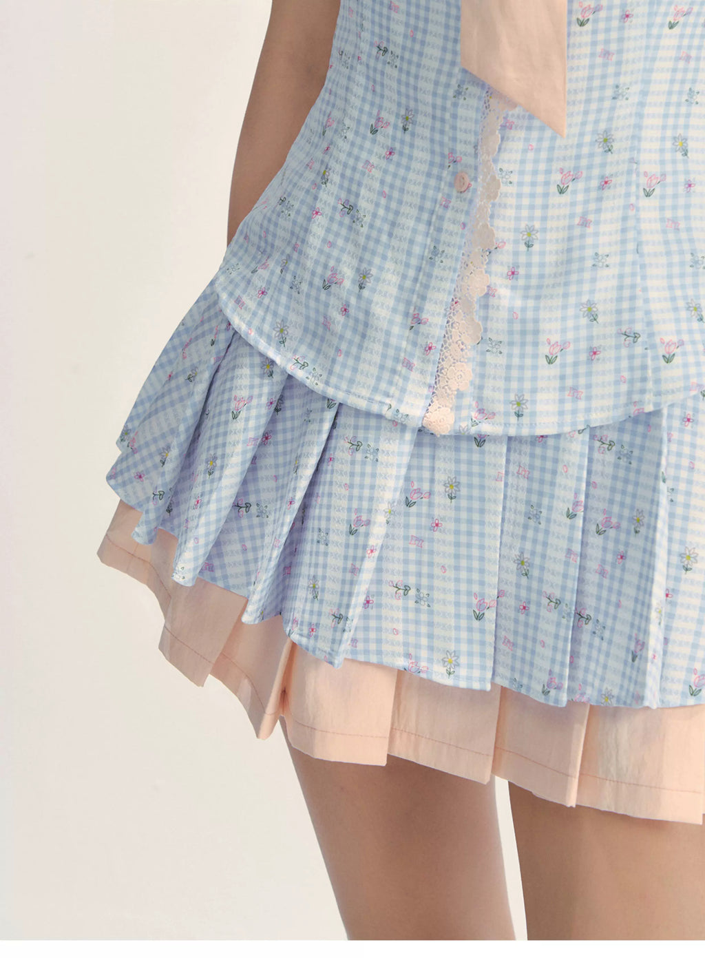 SunsetPark Floral Contrasting Plaid Shirt Pleated Skirt Set