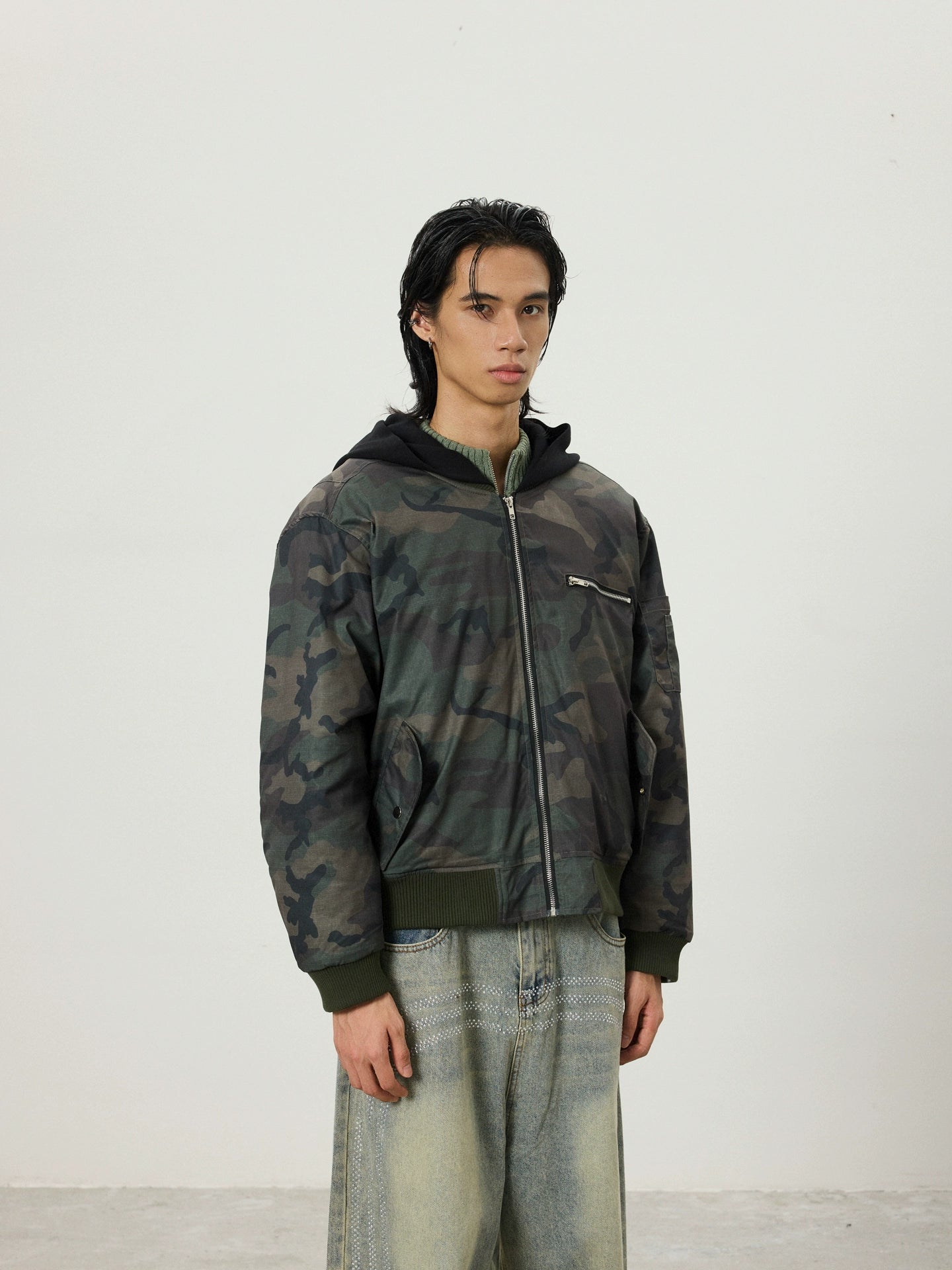 BTSG Double Zipper Fake Two-piece Stitching Camouflage Hooded Cotton Coat