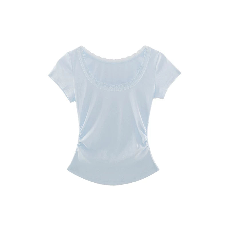 Audwyn Crew Neck Lace Stitching Slim Tee