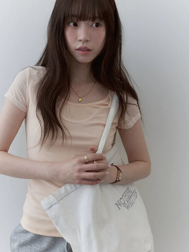 VOOE Fake Two-piece Splicing Mesh Slim Tee
