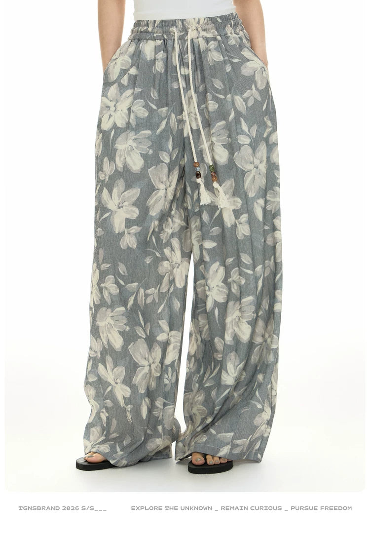 TGNS Plaid Floral Casual Wide-leg Pants