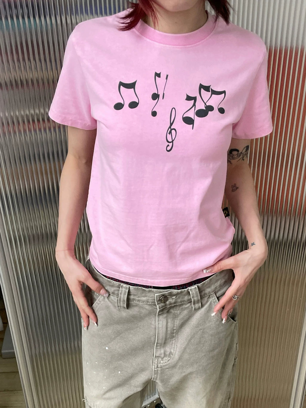 MMBBT Music Note Print Short Round Neck Front Shoulder Tee
