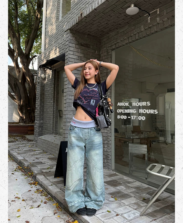 CCYE Fake Two-piece Spliced Waist Wide-leg Jeans
