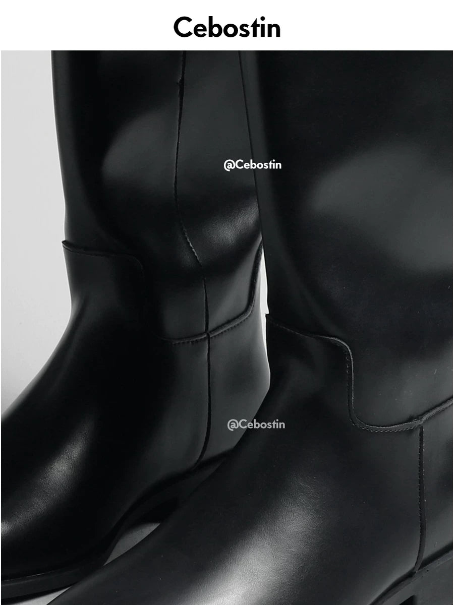Cebostin Square Head Oblique Mouth 3cm Heightening Version Tall Boots