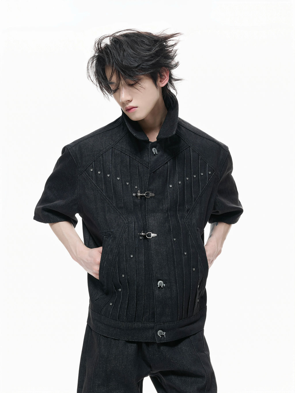 ArguECulturE Pleated Lapel Denim Jacket Micro-pull Jeans Set