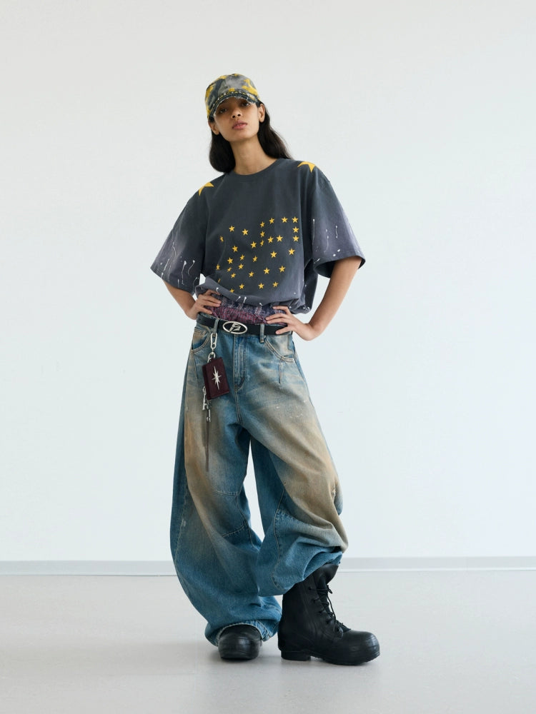 PEOPLESENSE Retro Spray Horse Willow Splashing Ink Printing Gradual Change Washed Tee