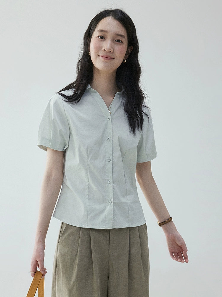 VOOE Flip V-Neck Pinch-pleated Loose Commuter Shirt
