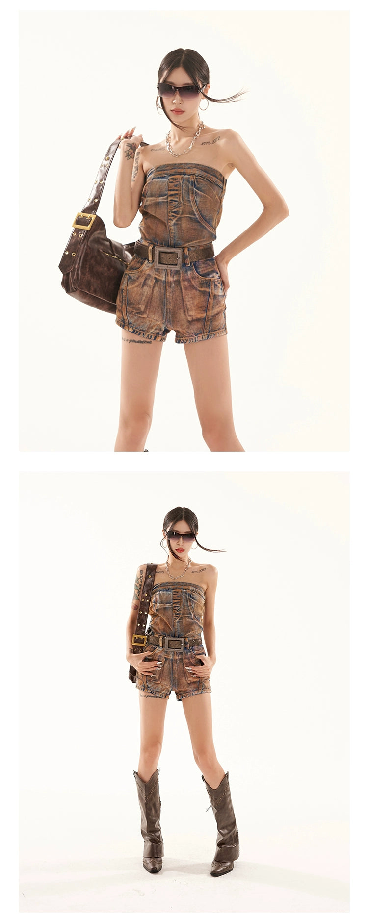 Zero Sleeveless Tube Top Denim Jumpsuit Shorts