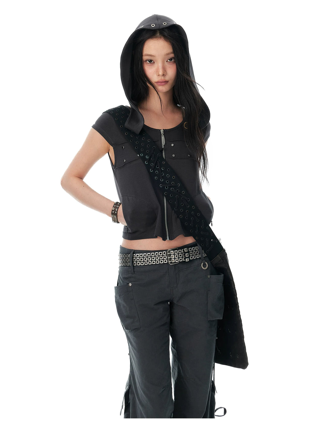 JIKOO Hand Sewn Rivet Removable Oblique Hooded Tee