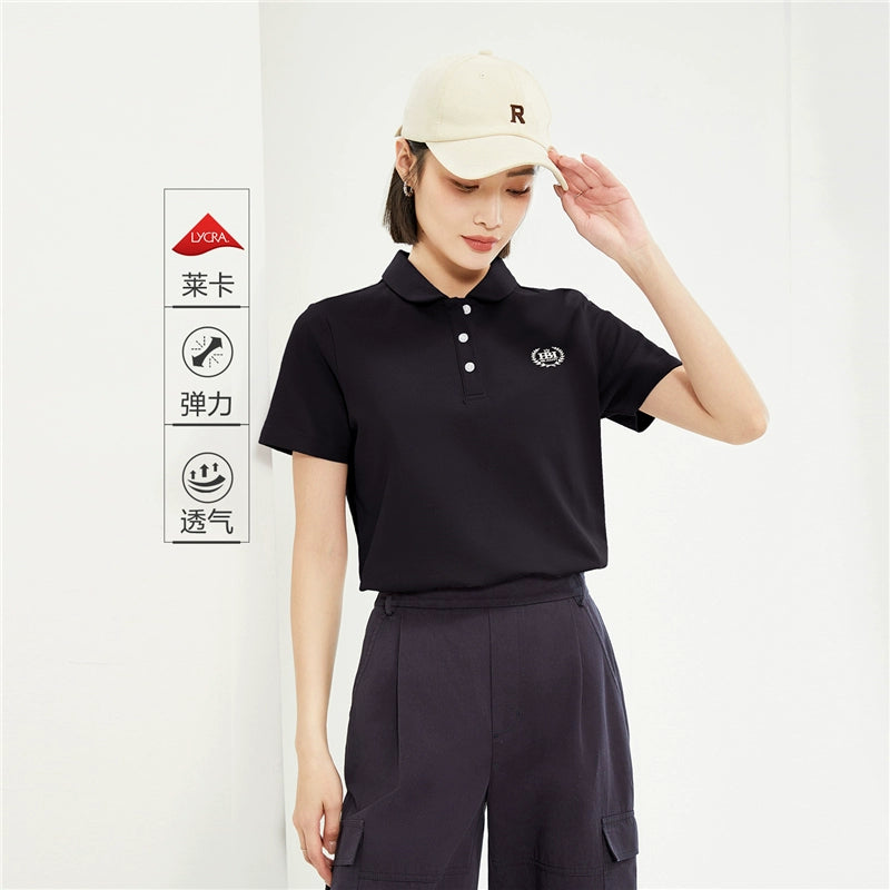 Giordano Small Embroidery Lycra Pearl Doll Collar Lapel Tee