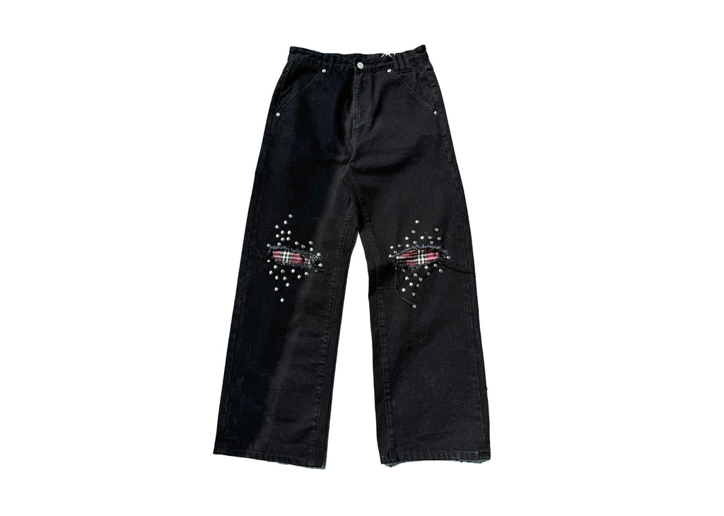 No E Mosen Plaid Stud Baggy Jeans