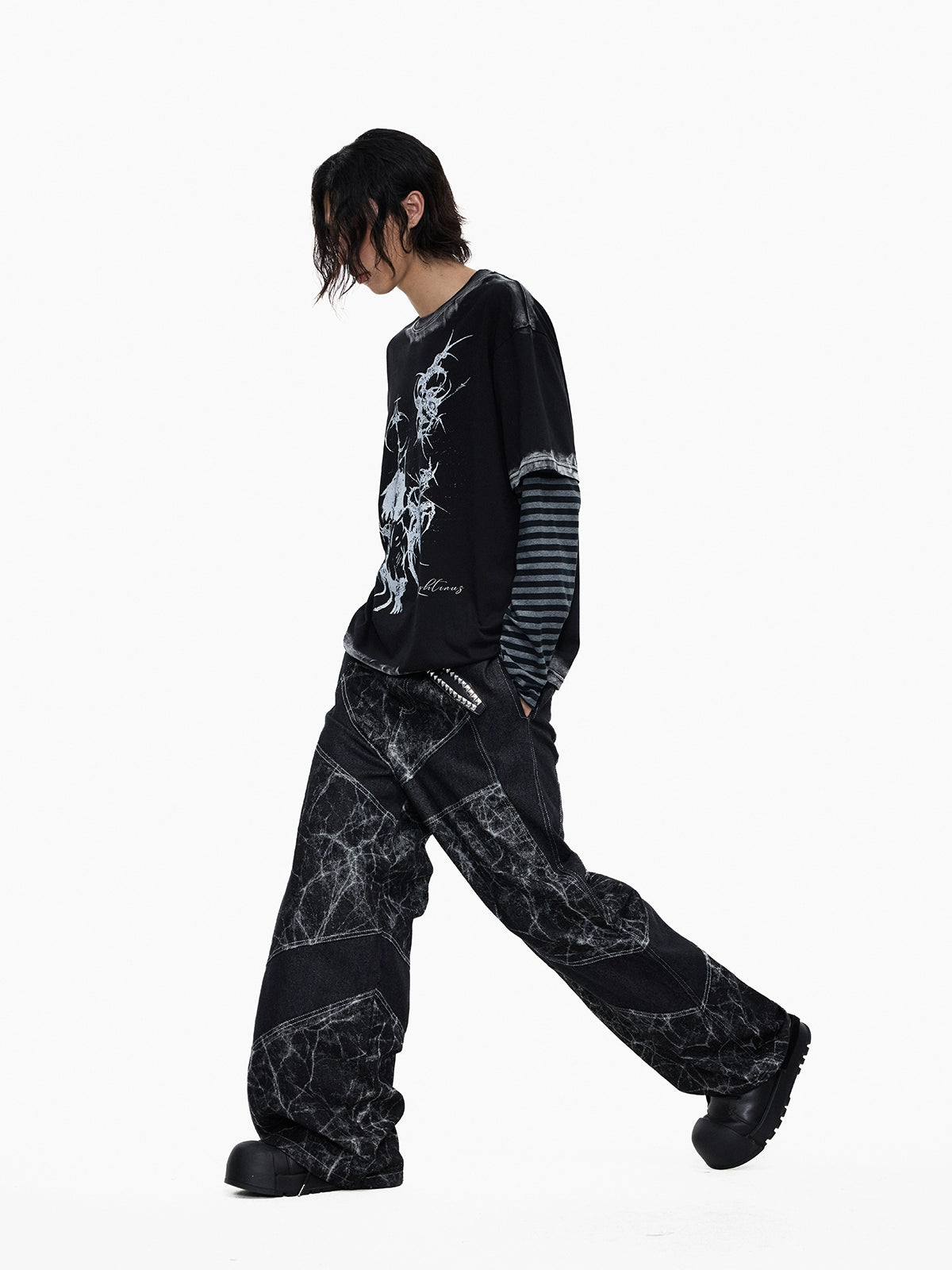 Lightinus Spider Web Stitching Wide-leg Jeans