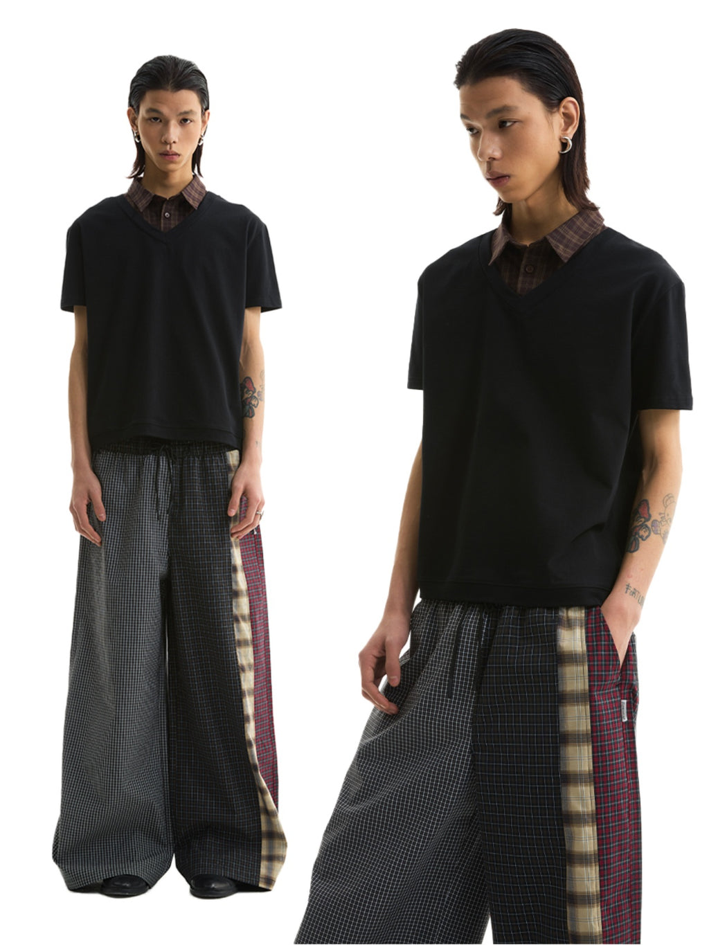 FUNKYFUN Splicing Plaid Shirt Lapel Fake Two-piece Tee
