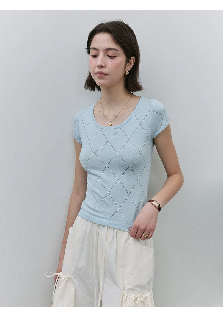 VOOE Hollow U Neck Knitted Slim Fit Breathable Tee
