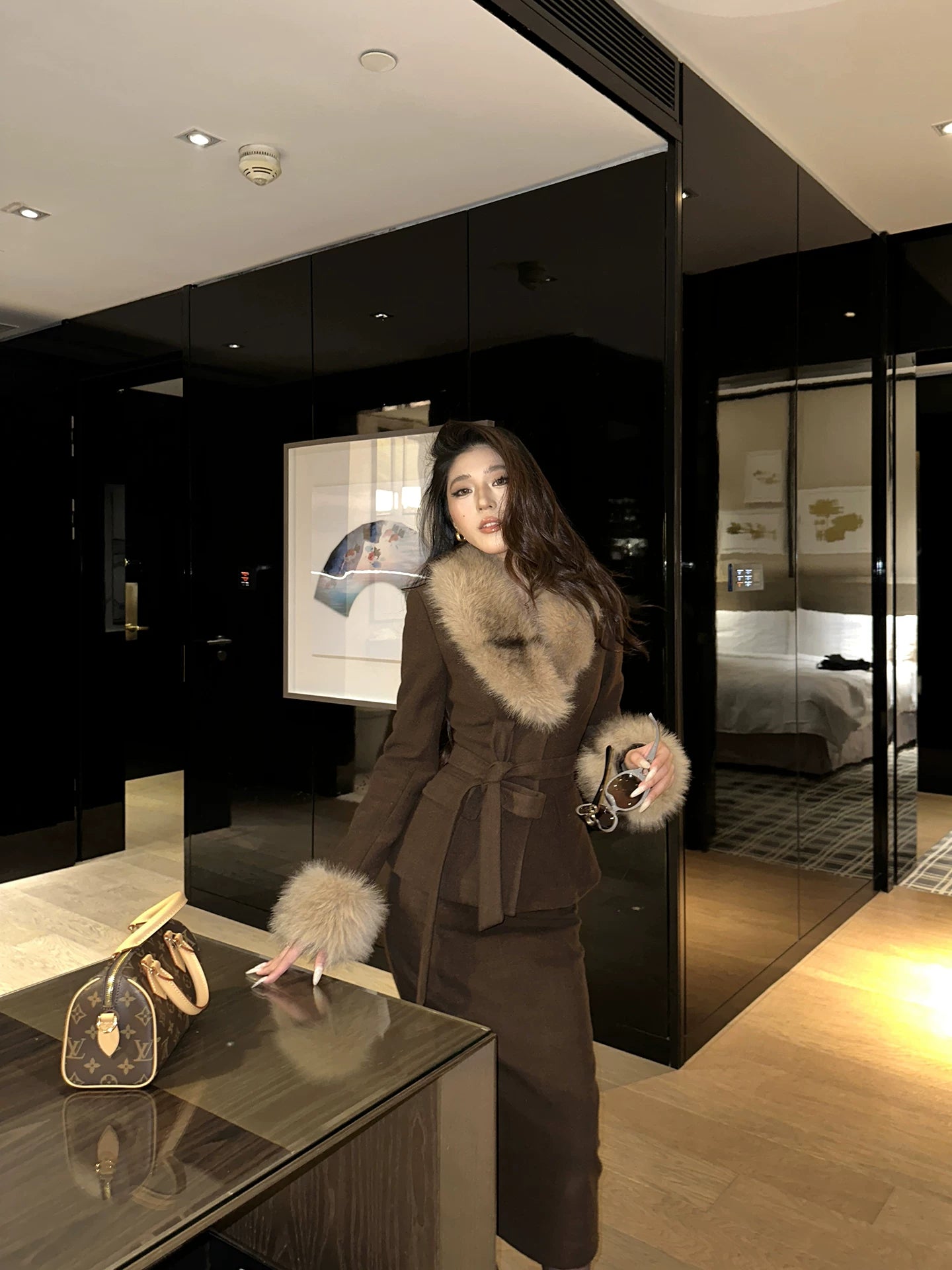 LLROGE Fur Collar Waist Woolen Jacket Skirt Set