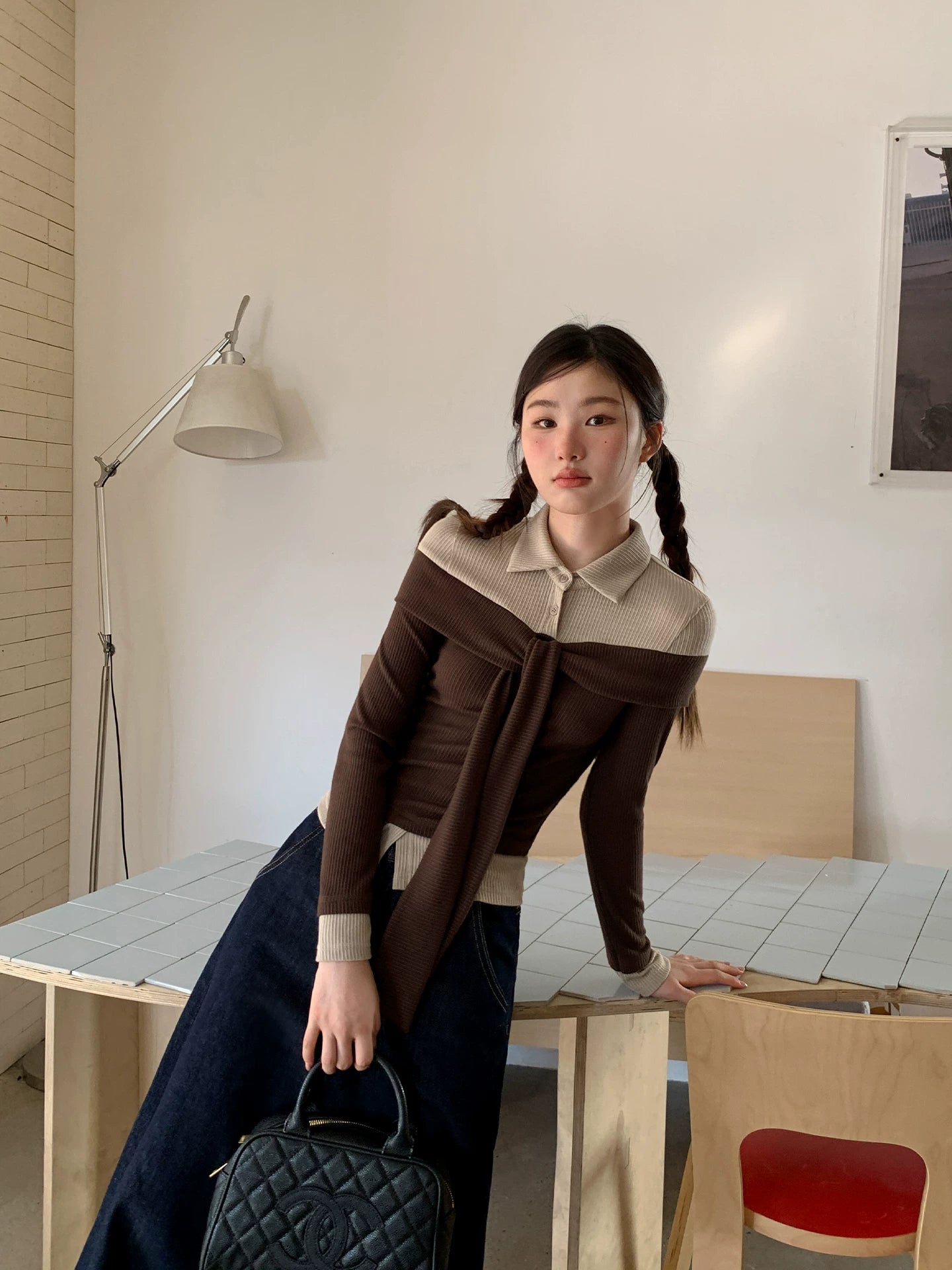 Kano Fake Two-piece Splicing Streamer Collar Knitted Long Sleeve