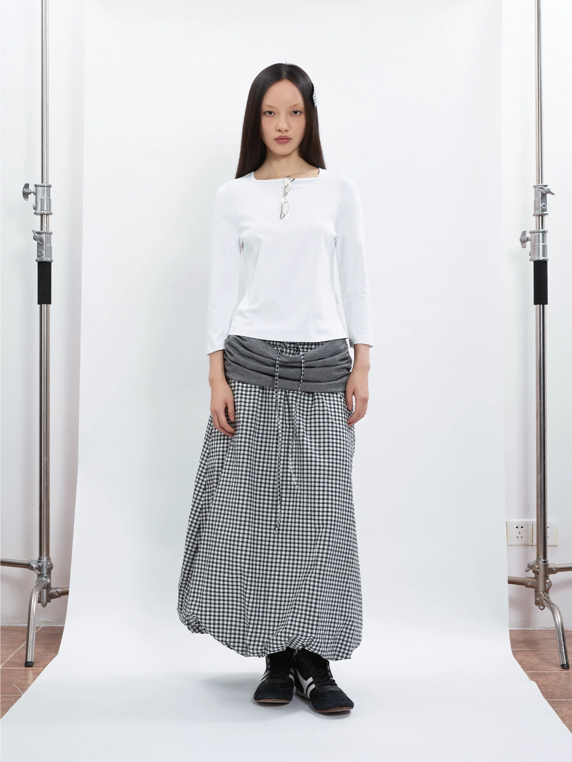 FUNKYFUN Splicing Pleated Plaid Pendulum Middle Skirt Bud Skirt