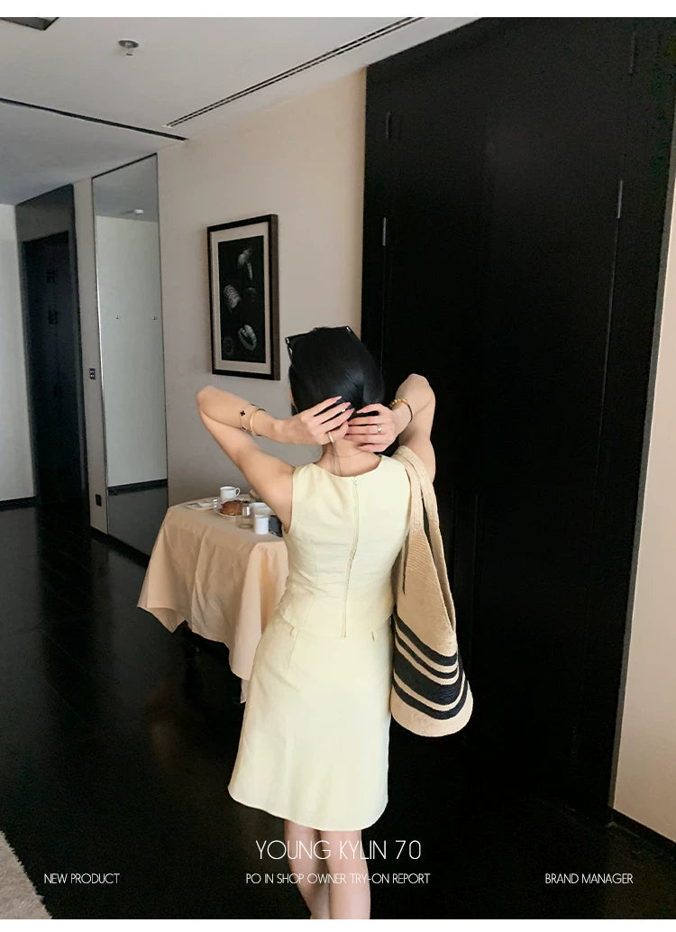 YOUNG KYLIN Pleated Slim Sleeveless Top High Waist Skirt Set