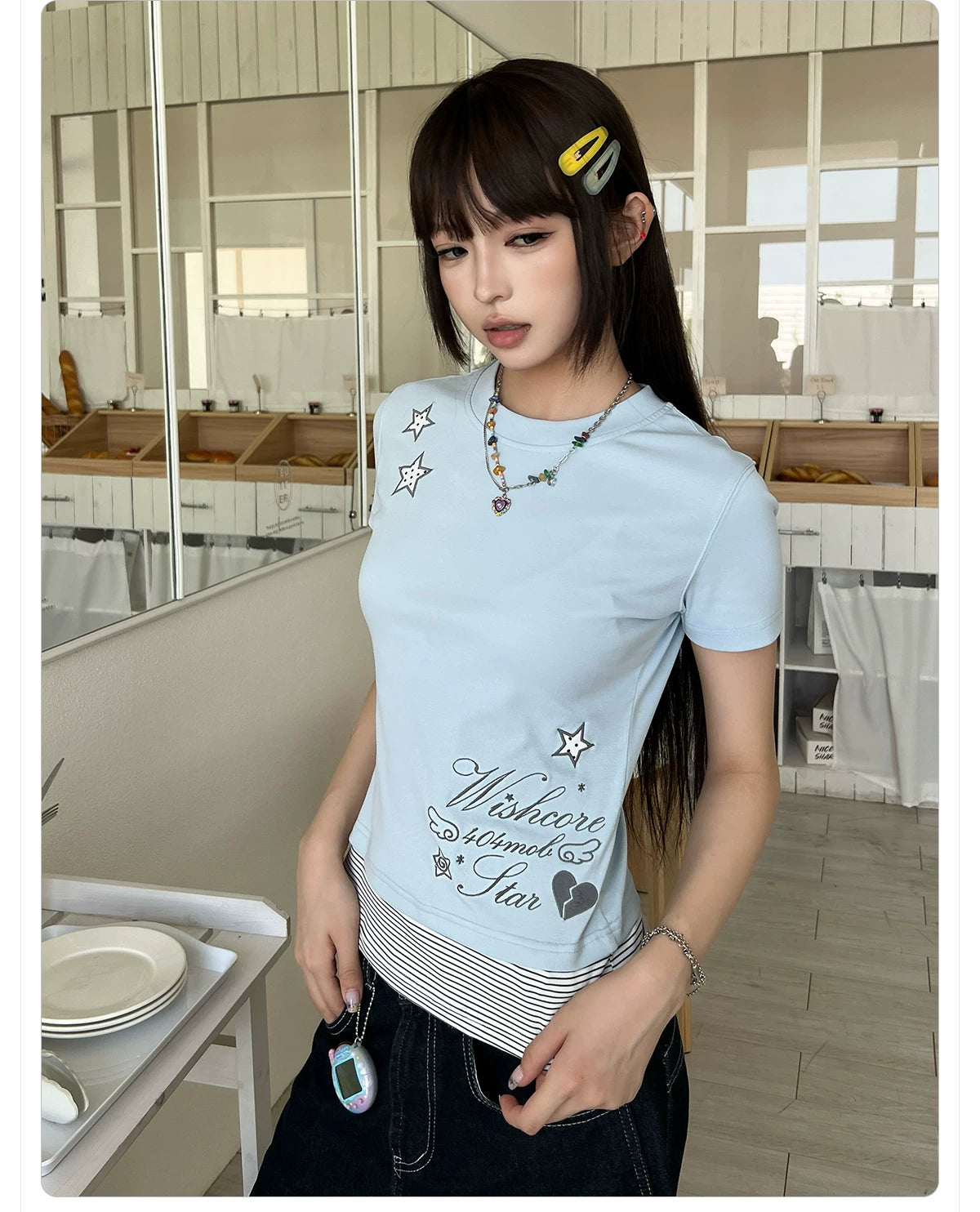 404MOB Crew Neck Striped Embroidered Slim Tee