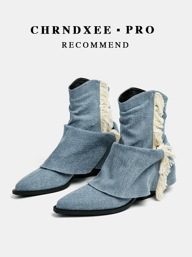 CHRNDXEE Tassel Vintage Western Cowboy Pile High Heel Boots
