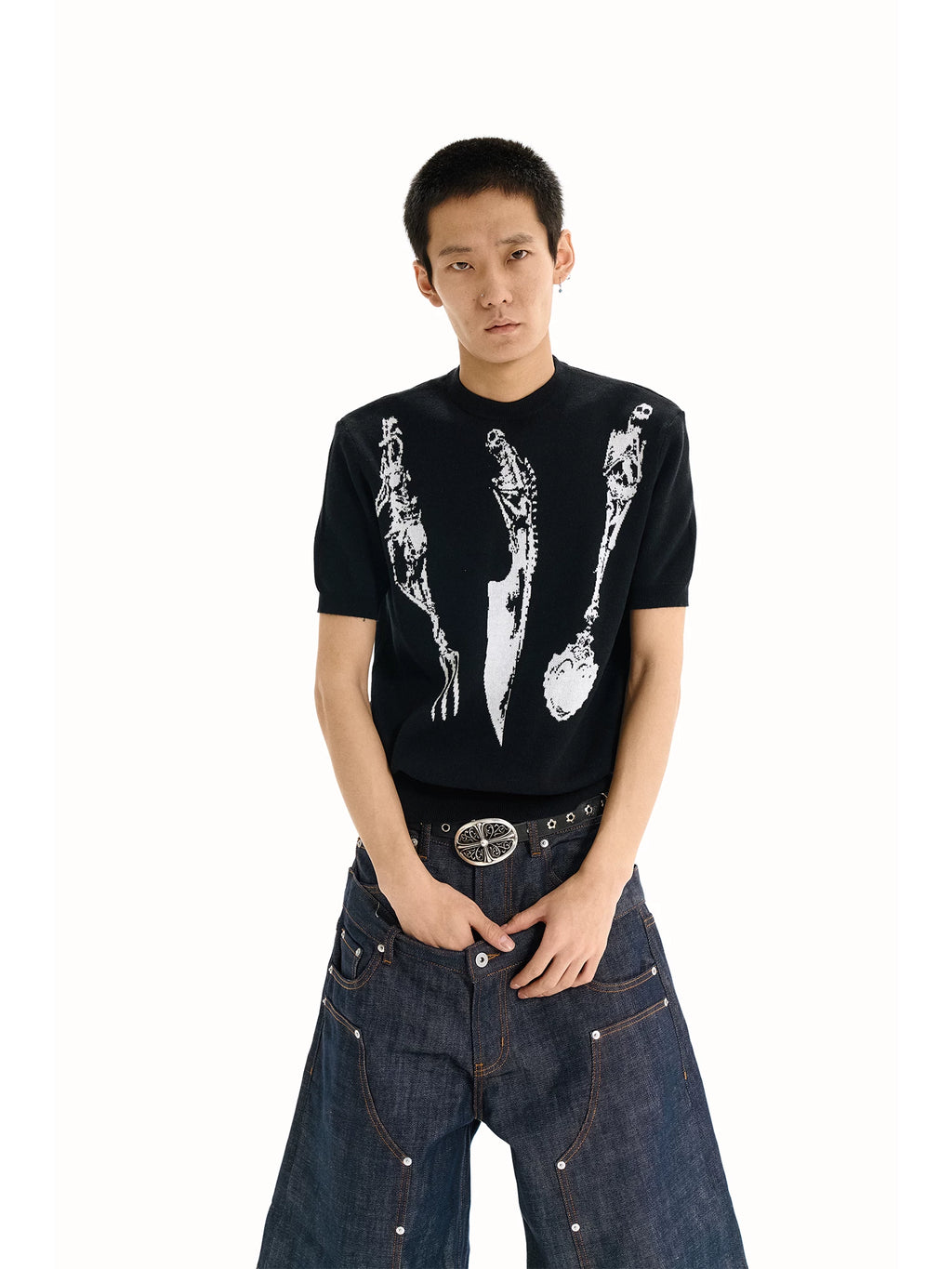 WANNA LAB Skull Knife Fork Spoon Jacquard Pattern Front Shoulder Tee