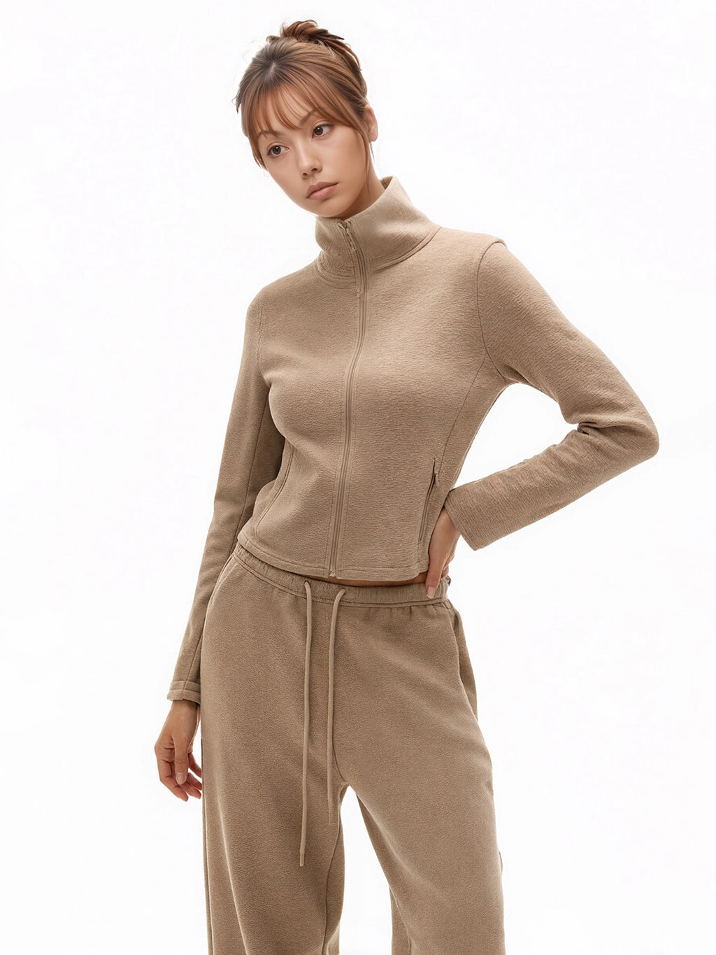 SHE SEEK Vintage Turtleneck Zip Sweater Jacket Casual Banana Cone Sweatpants Set