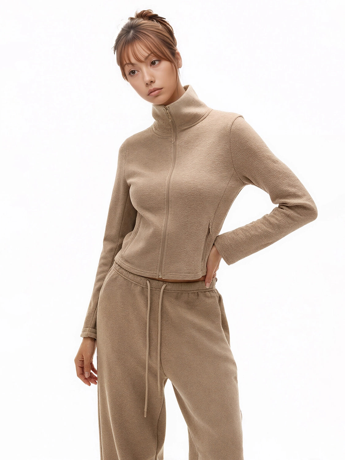 SHE SEEK Vintage Turtleneck Zip Sweater Jacket Casual Banana Cone Sweatpants Set