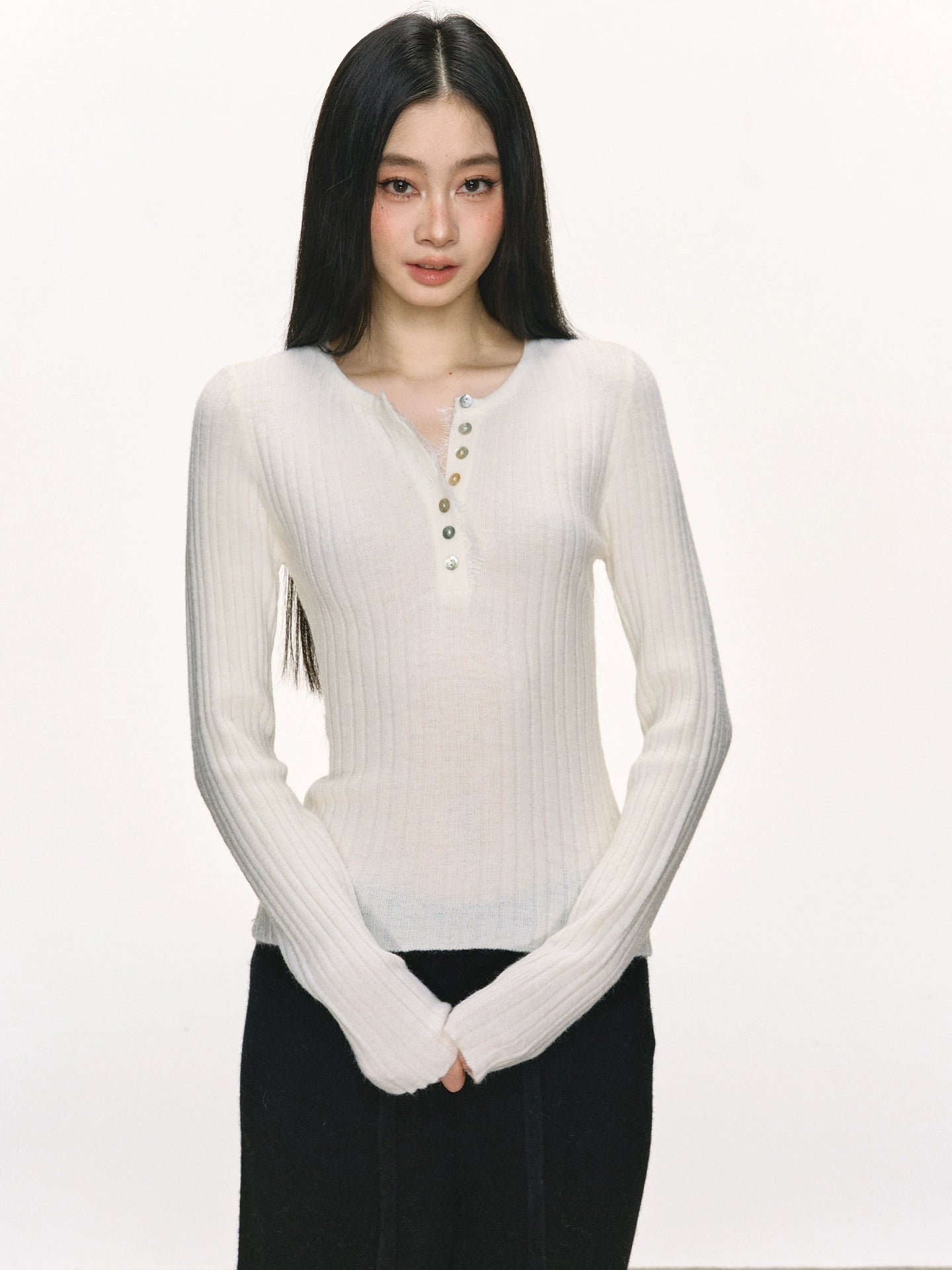 Anna Aneae Henry Collar Knitted Inner Bottom Slim Sleeve
