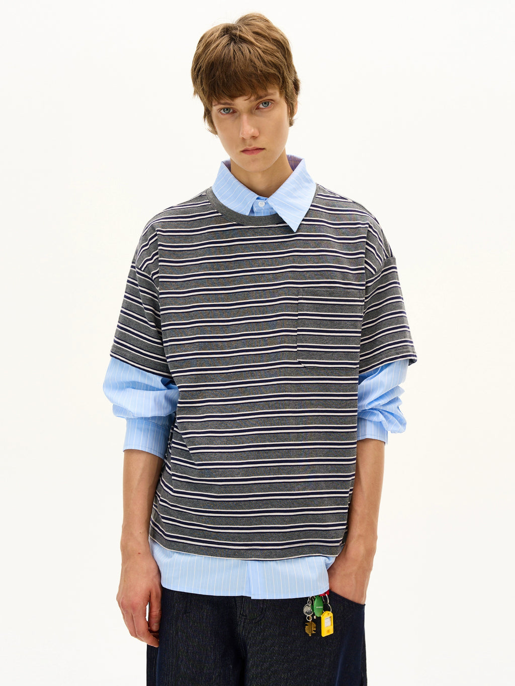 MADWITCH Fake Two-piece Splicing Striped Shirt Collar Long Sleeve