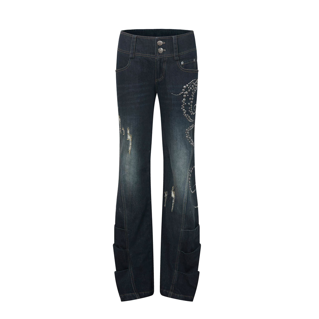 DoublePunch Micro-pull Hot Drill Frayed Stacked Silhouette Jeans