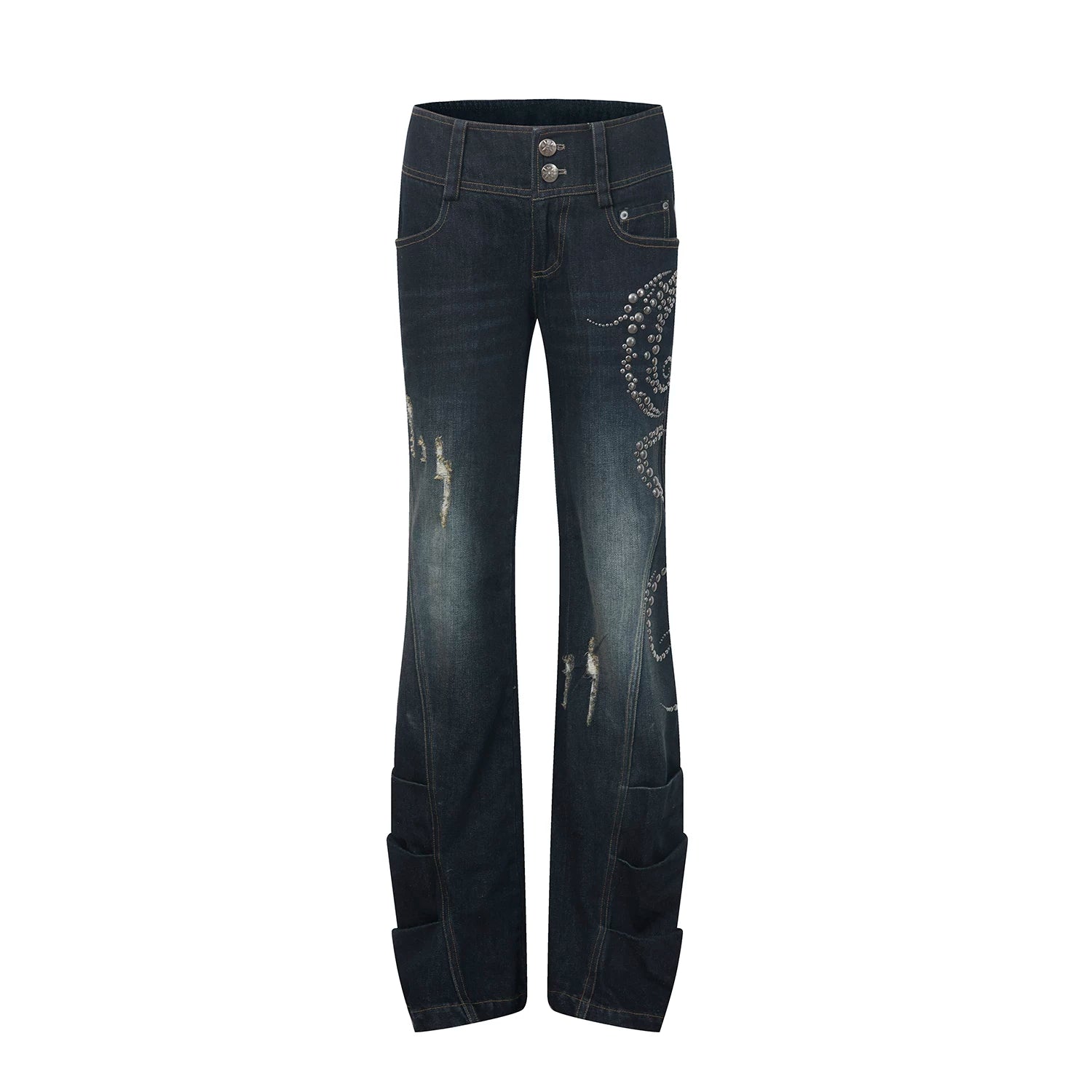 DoublePunch Micro-pull Hot Drill Frayed Stacked Silhouette Jeans