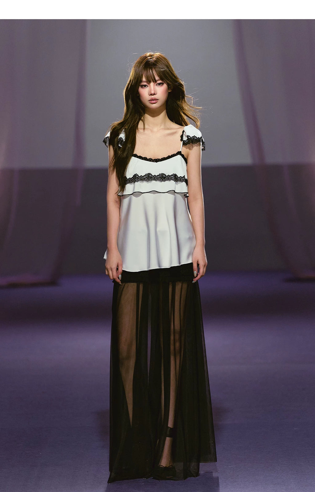 AGAM Three-dimensional Pleated Mesh Stitching Semi-transparent Long Skirt
