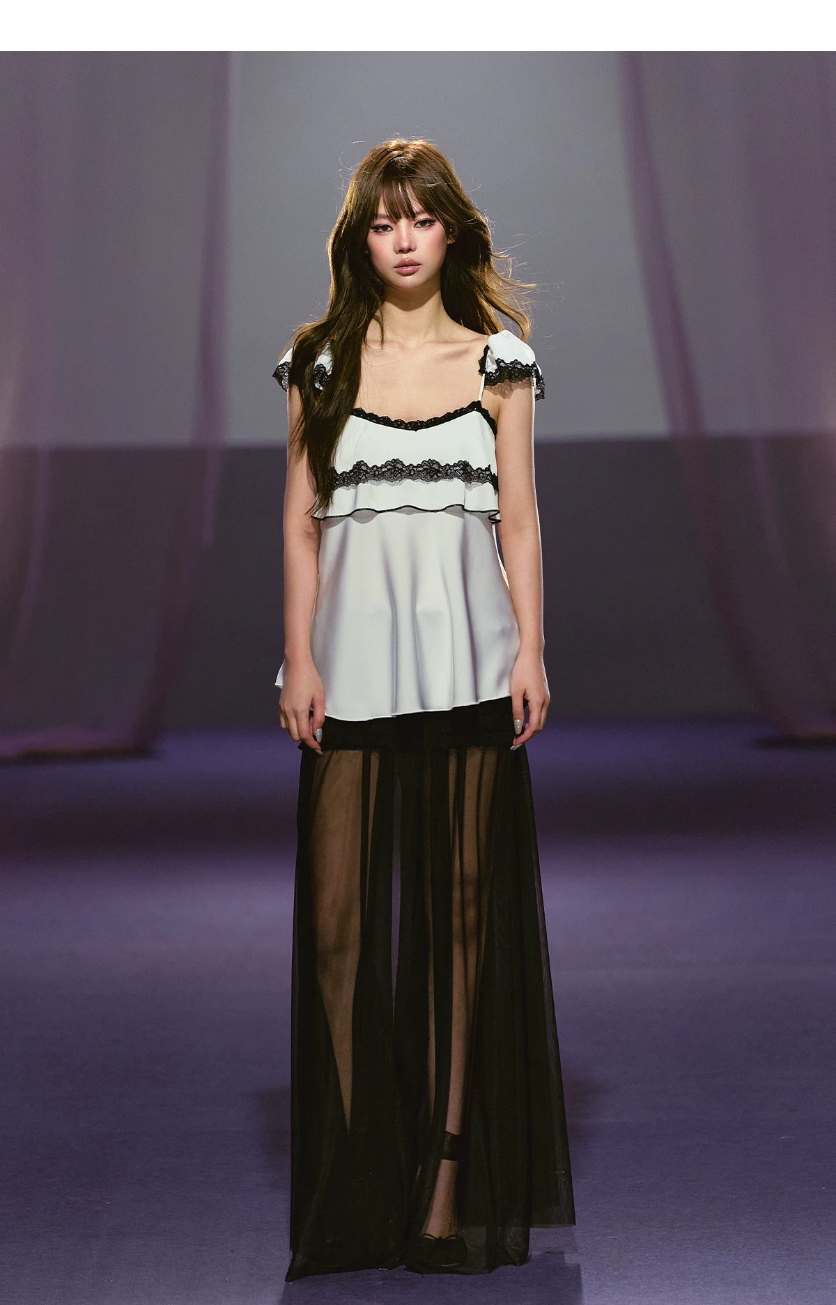 AGAM Three-dimensional Pleated Mesh Stitching Semi-transparent Long Skirt